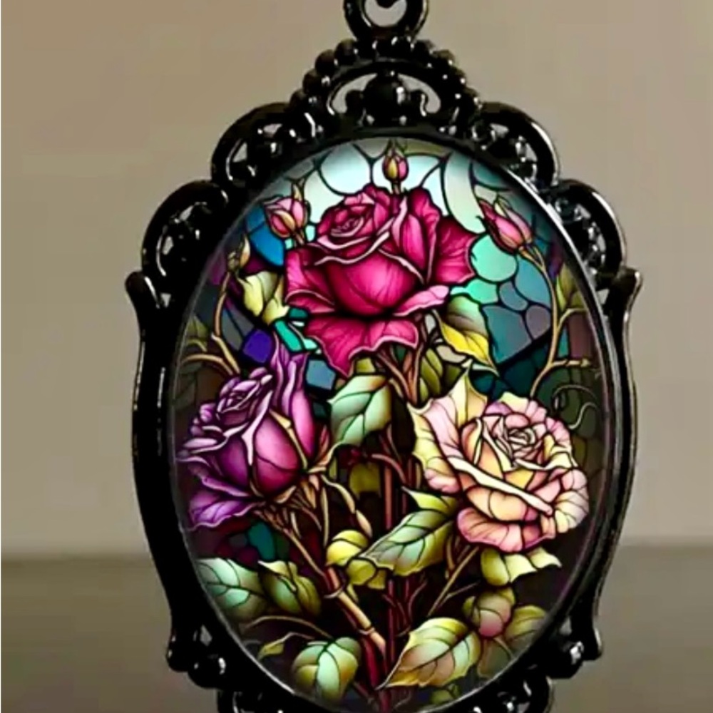 Boho Chic Purple Floral Glass Pendant Necklace with Black Frame Elegant Gothic